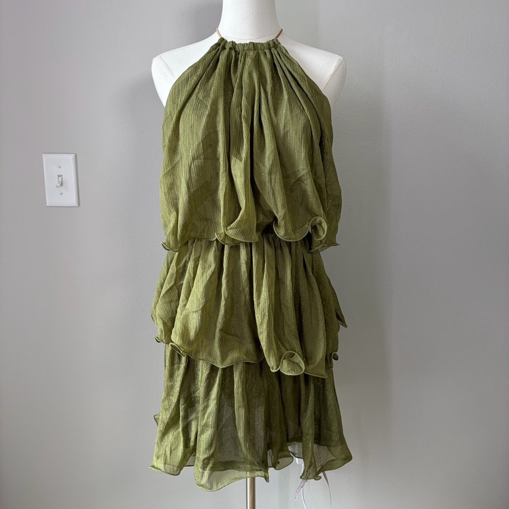 Missguided Green Metallic Tiered Ruffle Mini Dress - Picture 2 of 11